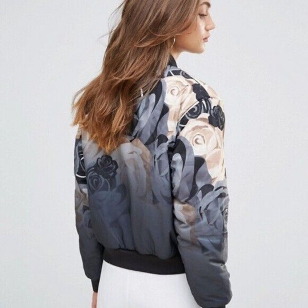 New Womens NWT $200 Satin Puma Reversible Rose Bomber Jacket S Black Beige Small